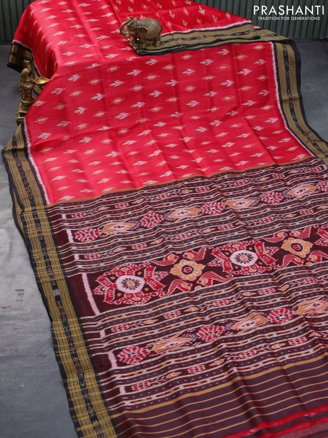 Sambalpuri silk saree red and coffee brown with allover ikat weaves and thread woven border without blouse