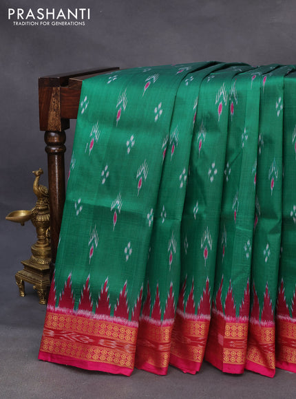 Sambalpuri silk saree green and pink with allover ikat weaves and temple design thread woven border without blouse