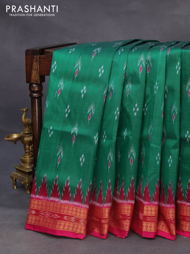 Sambalpuri silk saree green and pink with allover ikat weaves and temple design thread woven border without blouse