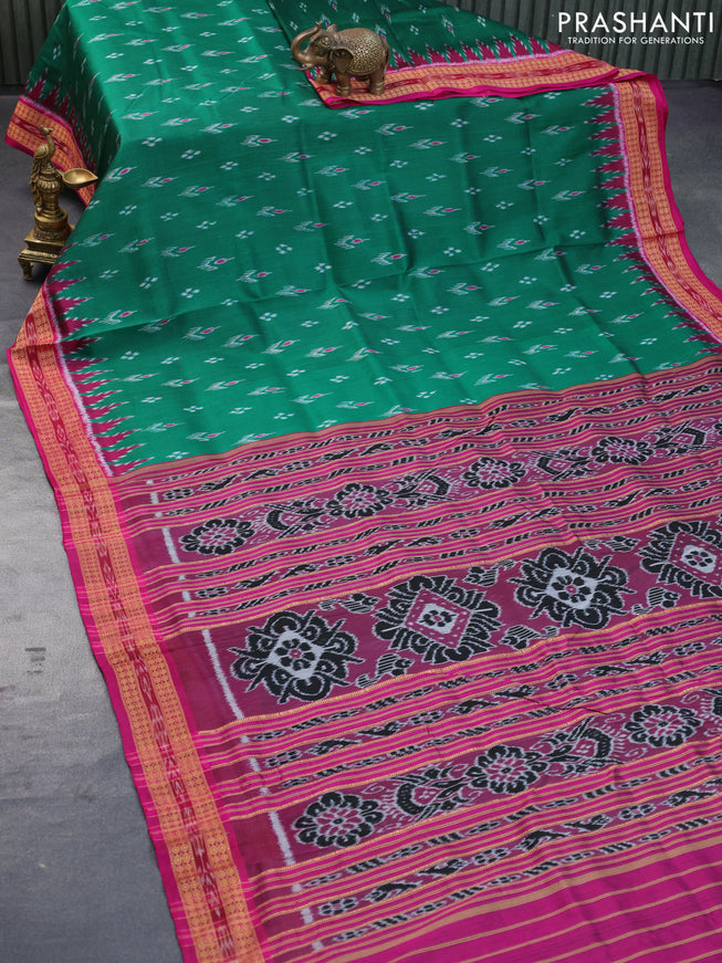 Sambalpuri silk saree green and pink with allover ikat weaves and temple design thread woven border without blouse