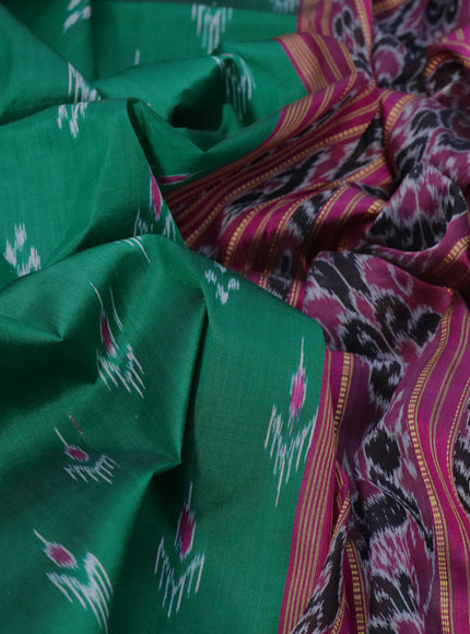 Sambalpuri silk saree green and pink with allover ikat weaves and temple design thread woven border without blouse