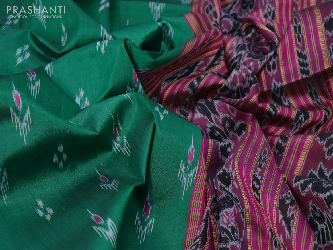 Sambalpuri silk saree green and pink with allover ikat weaves and temple design thread woven border without blouse