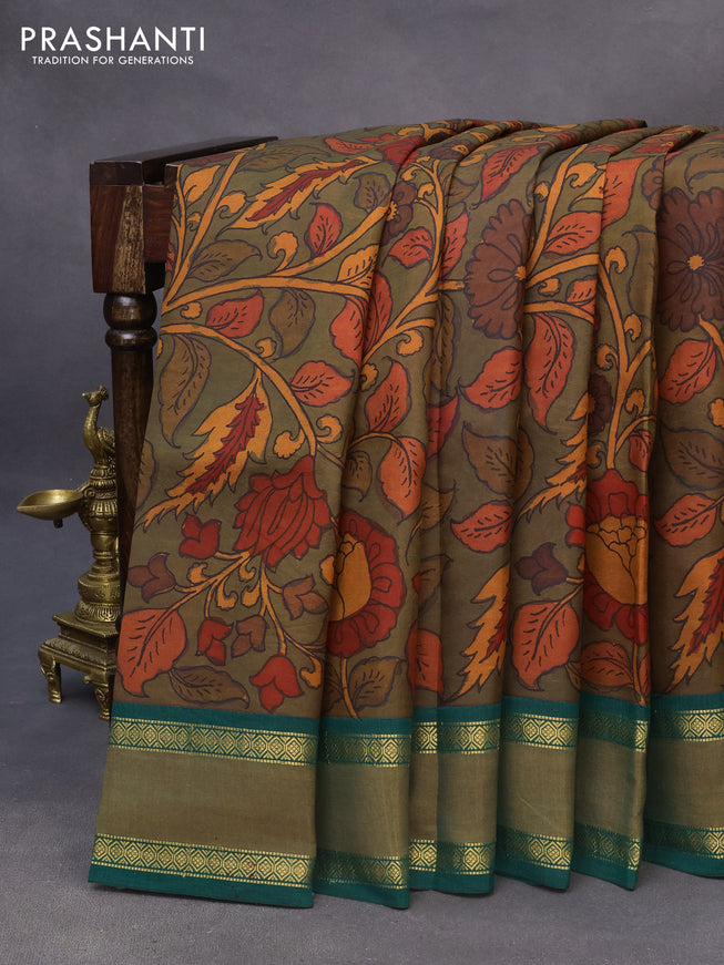 Pure kanchipuram silk saree dark mustard and green with allover pen kalamkari prints and rettapet zari woven border