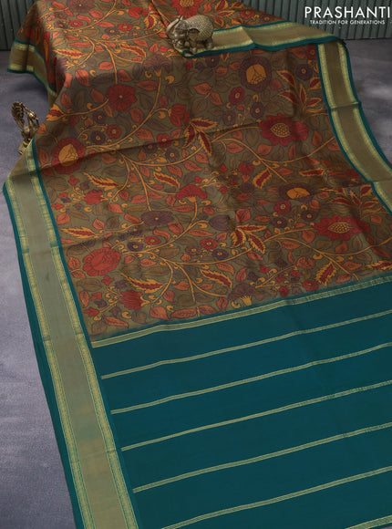 Pure kanchipuram silk saree dark mustard and green with allover pen kalamkari prints and rettapet zari woven border