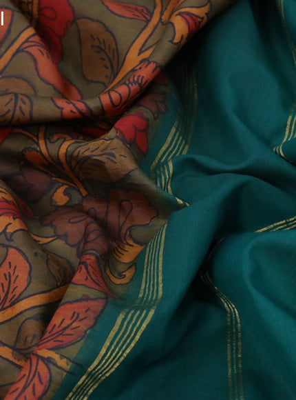 Pure kanchipuram silk saree dark mustard and green with allover pen kalamkari prints and rettapet zari woven border