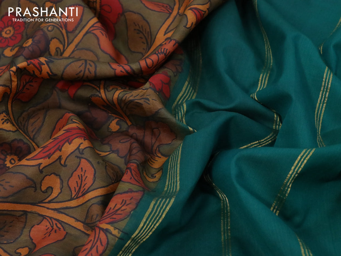 Pure kanchipuram silk saree dark mustard and green with allover pen kalamkari prints and rettapet zari woven border