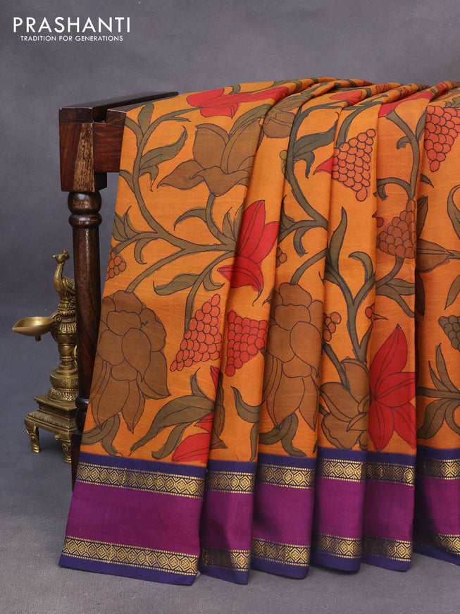 Pure kanchipuram silk saree mustard shade and blue with allover pen kalamkari prints and rettapet zari woven korvai border