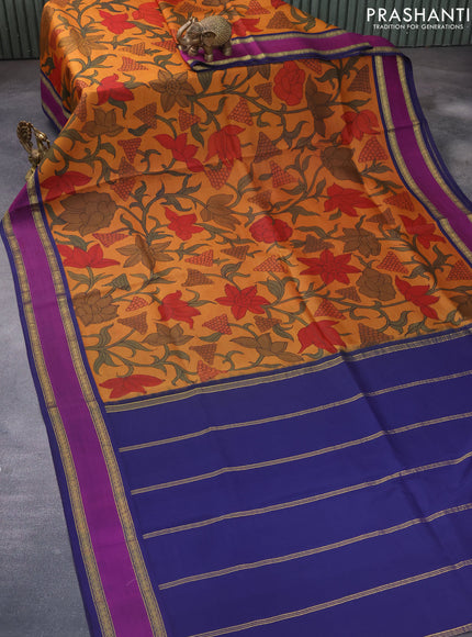 Pure kanchipuram silk saree mustard shade and blue with allover pen kalamkari prints and rettapet zari woven korvai border