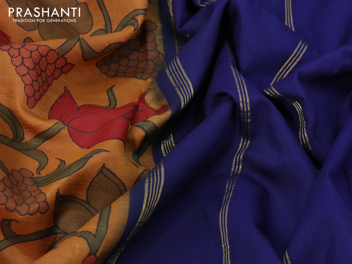 Pure kanchipuram silk saree mustard shade and blue with allover pen kalamkari prints and rettapet zari woven korvai border