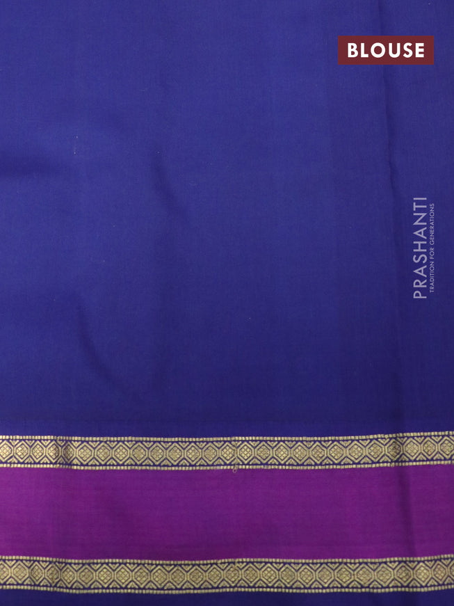 Pure kanchipuram silk saree mustard shade and blue with allover pen kalamkari prints and rettapet zari woven korvai border