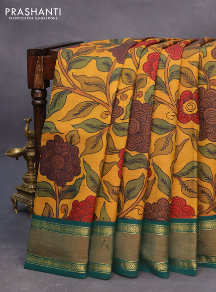 Pure kanchipuram silk saree mustard yellow and green with allover pen kalamkari prints and rettapet zari woven korvai border