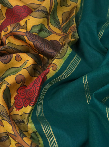 Pure kanchipuram silk saree mustard yellow and green with allover pen kalamkari prints and rettapet zari woven korvai border