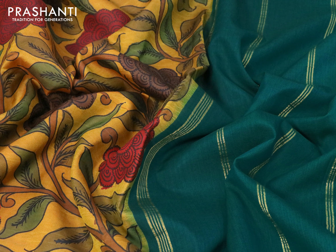 Pure kanchipuram silk saree mustard yellow and green with allover pen kalamkari prints and rettapet zari woven korvai border