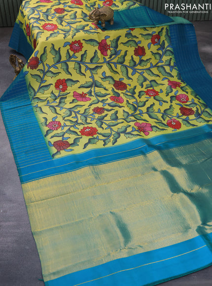 Pure kanchipuram silk saree lime yellow and cs blue with allover pen kalamkari prints and zari checked border