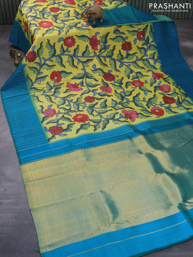 Pure kanchipuram silk saree lime yellow and cs blue with allover pen kalamkari prints and zari checked border