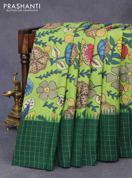 Pure kanchipuram silk saree light green and green with allover pen kalamkari prints and zari checked border