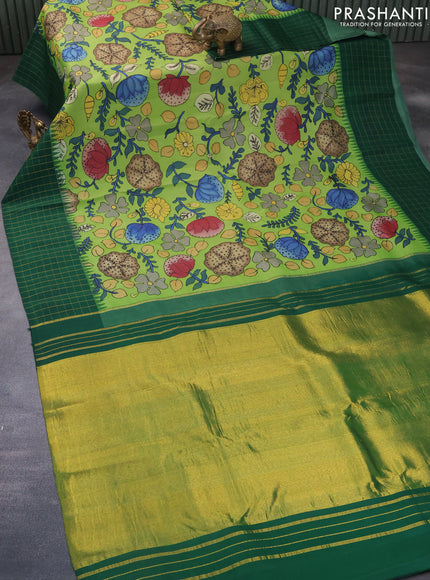 Pure kanchipuram silk saree light green and green with allover pen kalamkari prints and zari checked border