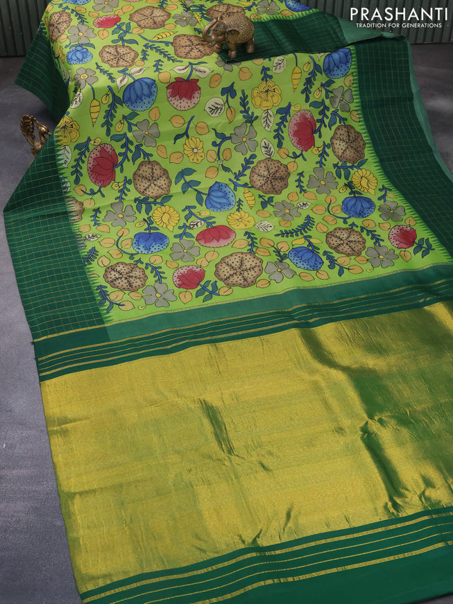 Pure kanchipuram silk saree light green and green with allover pen kalamkari prints and zari checked border