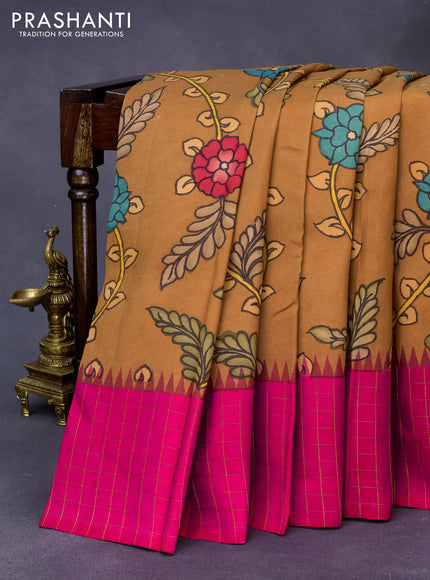 Pure kanchipuram silk saree dark sandal and pink with allover pen kalamkari prints and zari checked border