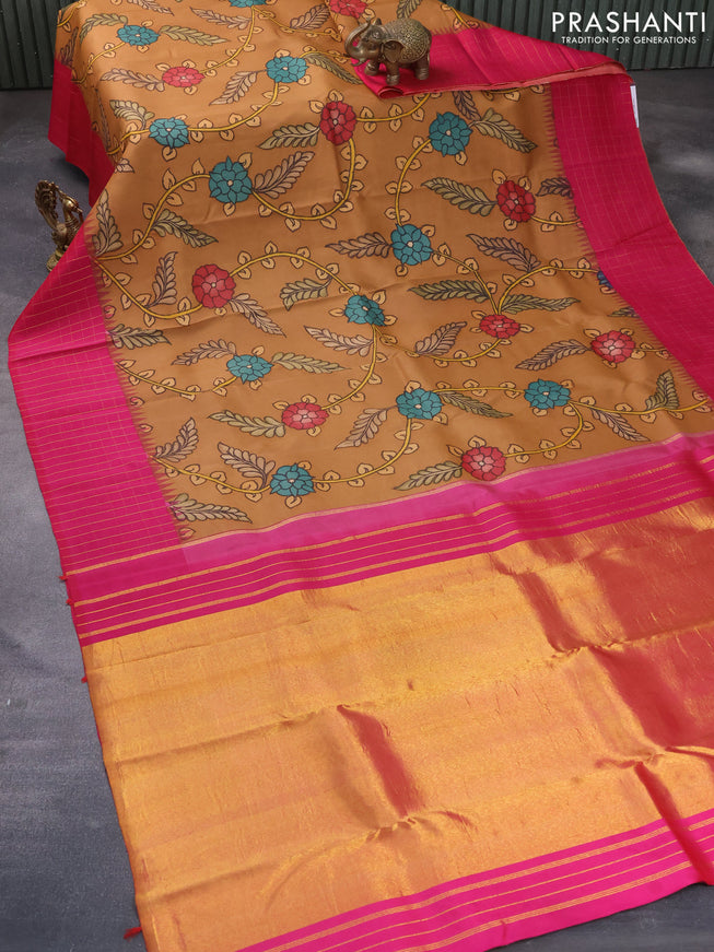 Pure kanchipuram silk saree dark sandal and pink with allover pen kalamkari prints and zari checked border