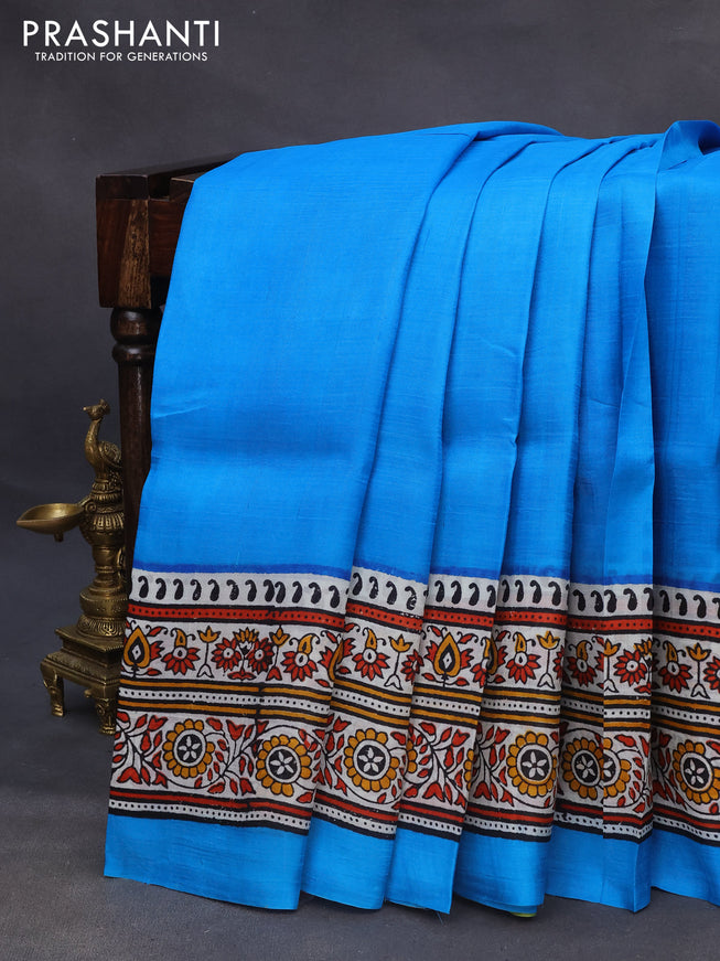 Bishnupuri silk saree cs blue and off white with plain body and printed border