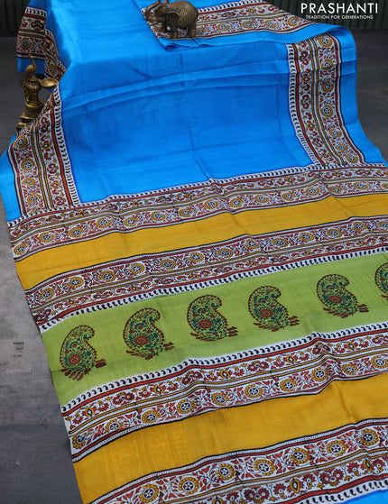 Bishnupuri silk saree cs blue and off white with plain body and printed border