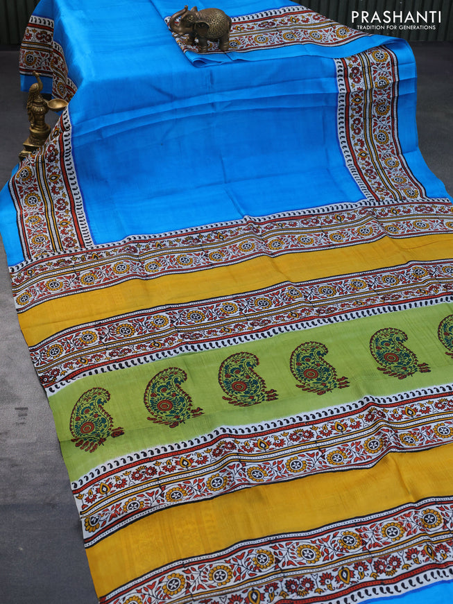 Bishnupuri silk saree cs blue and off white with plain body and printed border