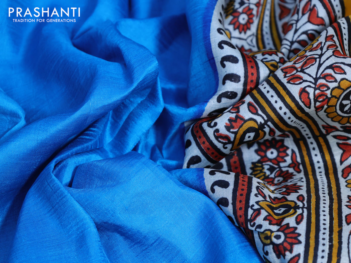 Bishnupuri silk saree cs blue and off white with plain body and printed border