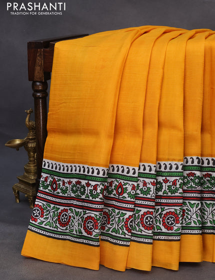 Bishnupuri silk saree yellow and off white with plain body and printed border