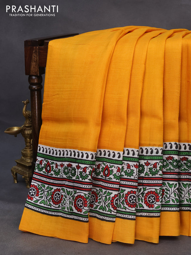 Bishnupuri silk saree yellow and off white with plain body and printed border