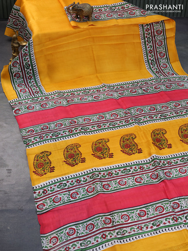 Bishnupuri silk saree yellow and off white with plain body and printed border