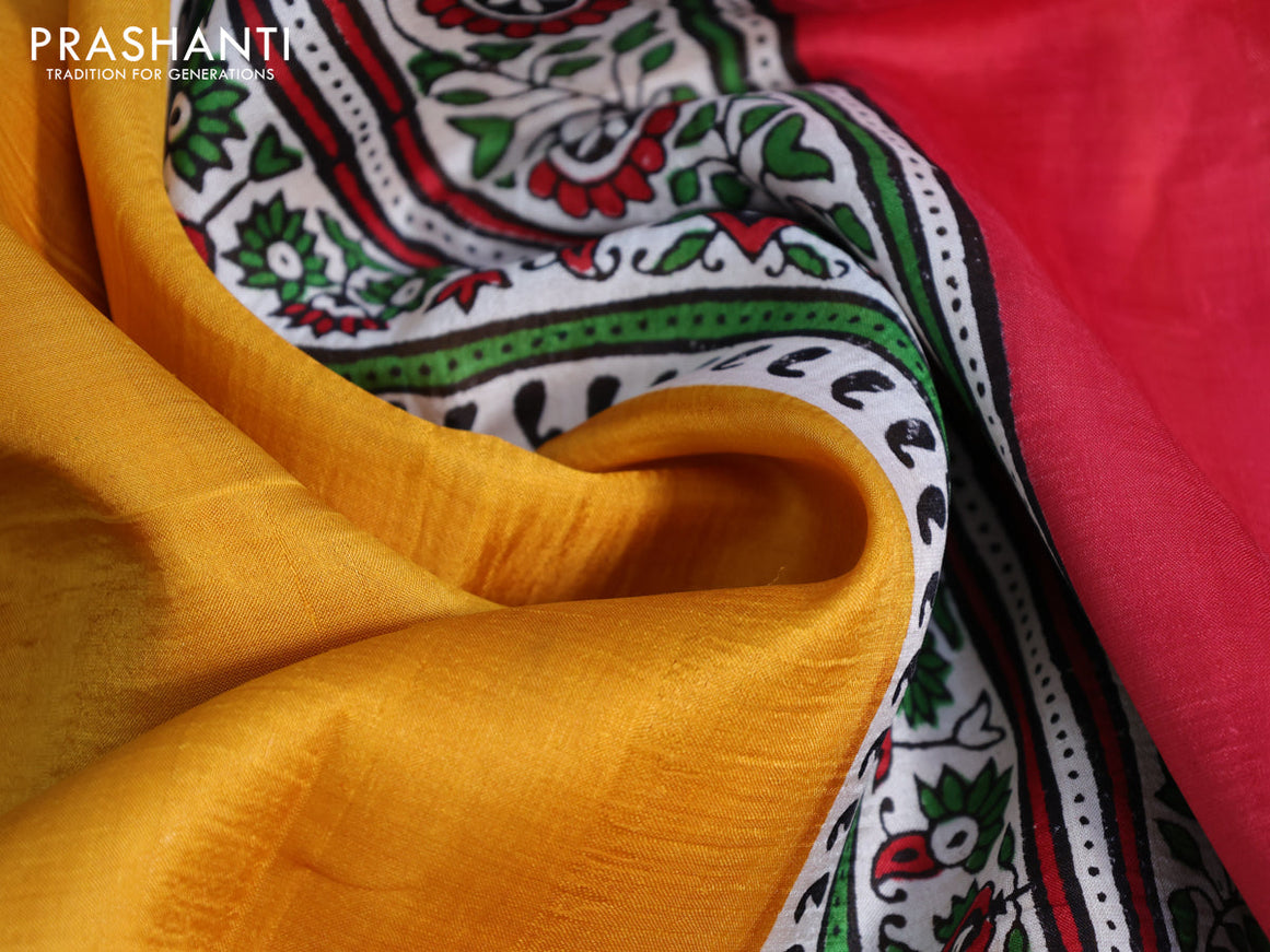 Bishnupuri silk saree yellow and off white with plain body and printed border