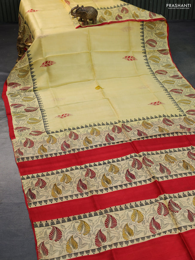 Bishnupuri silk saree yellow and red with butta prints and printed border