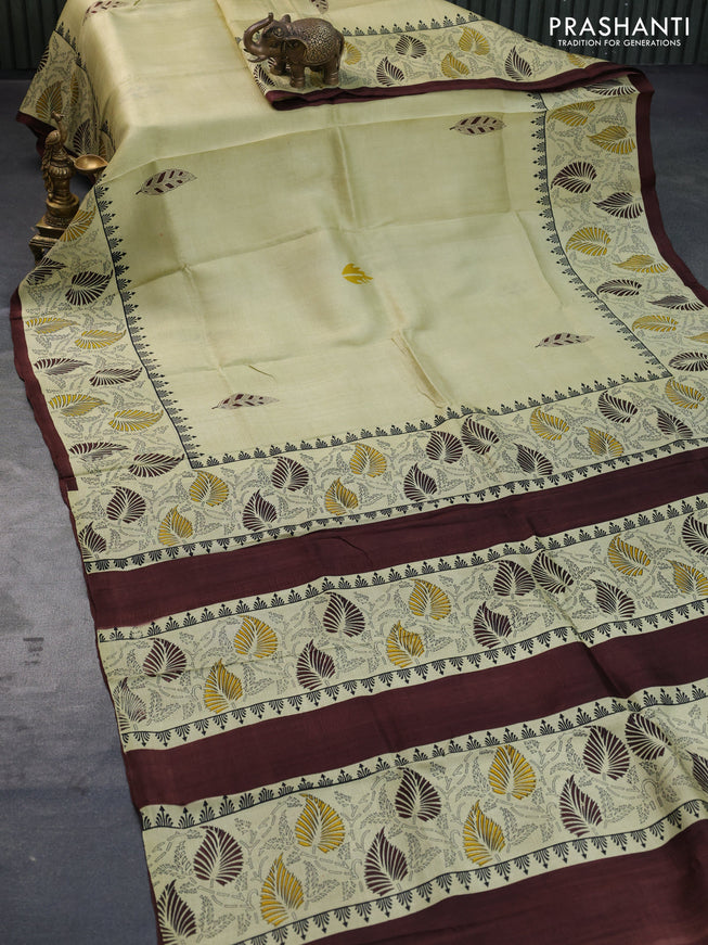 Bishnupuri silk saree pale yellow and brown with butta prints and printed border