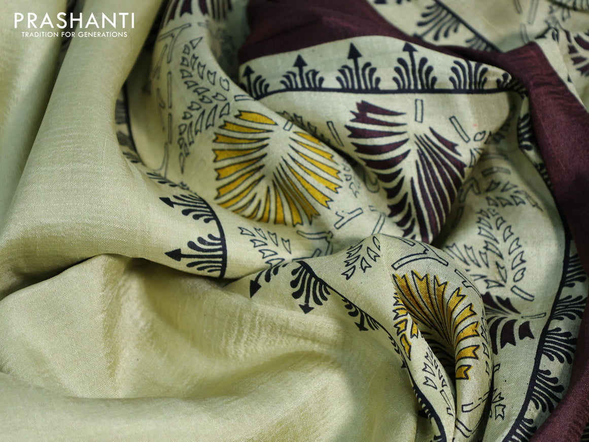 Bishnupuri silk saree pale yellow and brown with butta prints and printed border