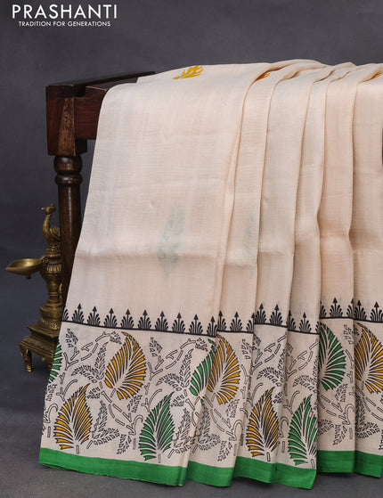 Bishnupuri silk saree cream and green with butta prints and printed border