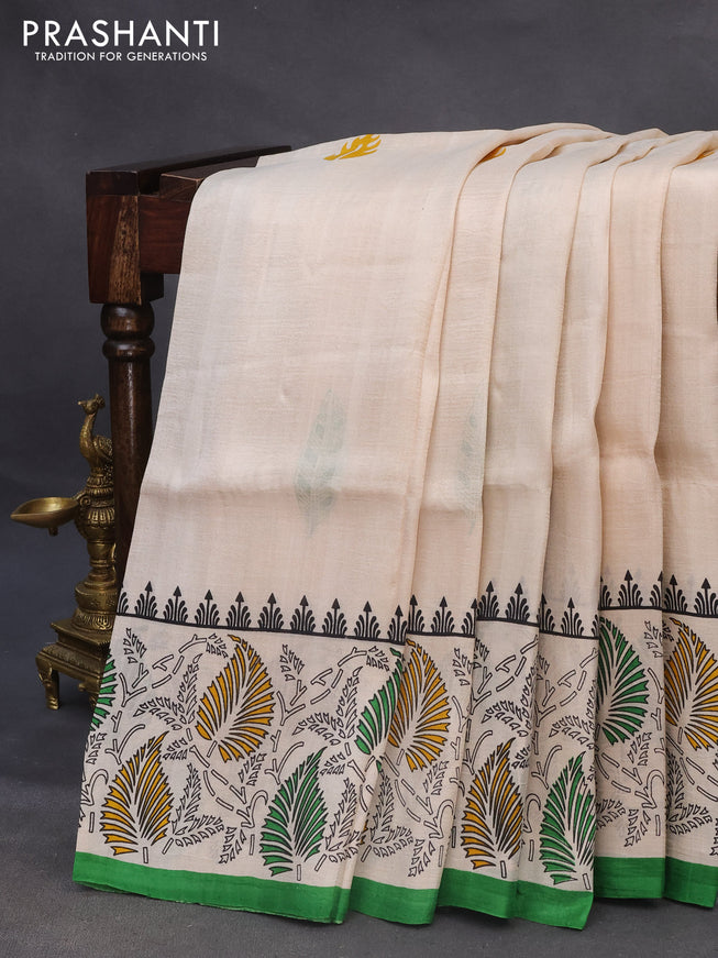 Bishnupuri silk saree cream and green with butta prints and printed border