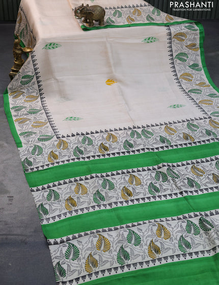 Bishnupuri silk saree cream and green with butta prints and printed border