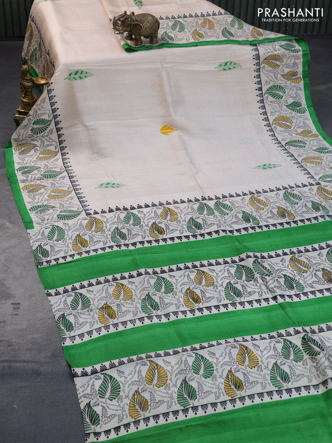 Bishnupuri silk saree cream and green with butta prints and printed border