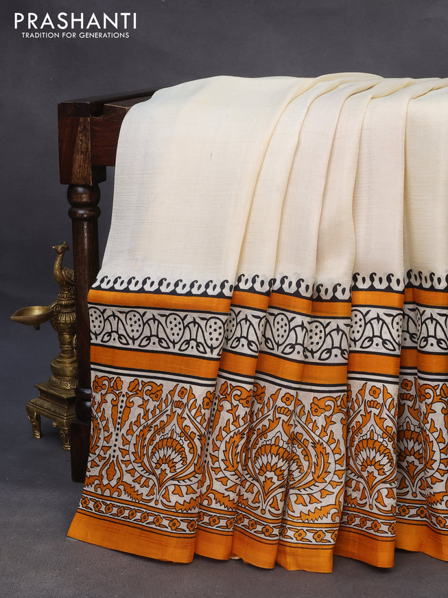 Bishnupuri silk saree cream and orange with plain body and printed border