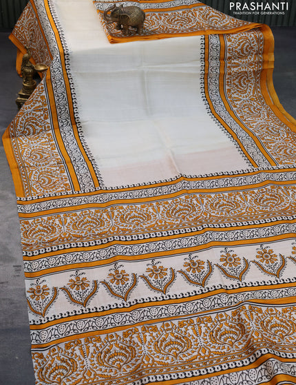 Bishnupuri silk saree cream and orange with plain body and printed border