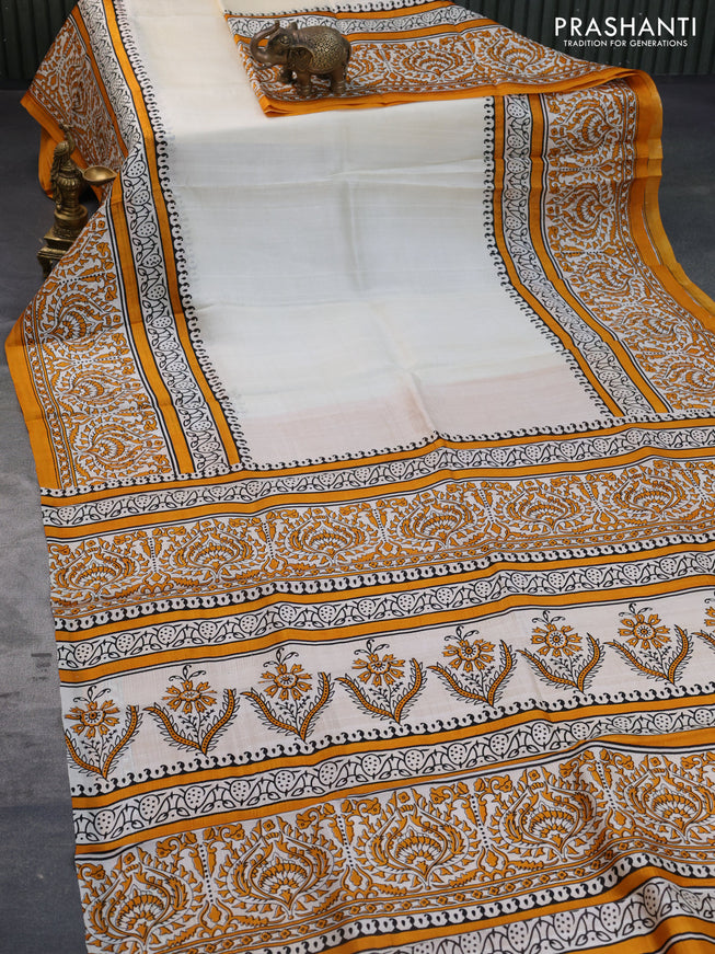 Bishnupuri silk saree cream and orange with plain body and printed border