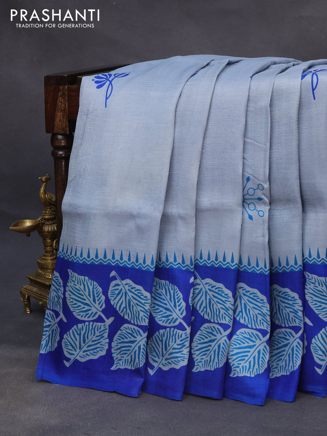 Bishnupuri silk saree grey and royal blue with butta prints and printed border