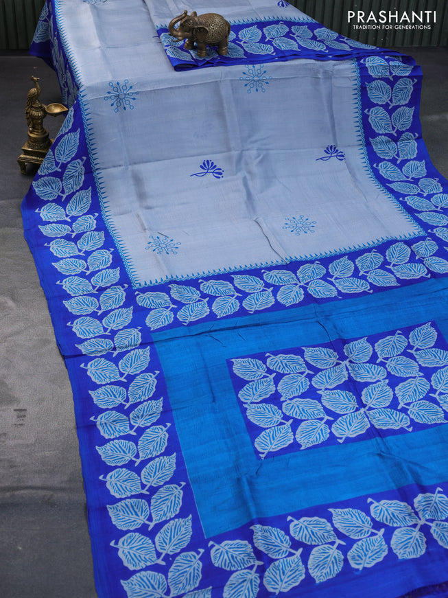 Bishnupuri silk saree grey and royal blue with butta prints and printed border