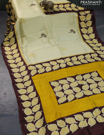 Bishnupuri silk saree elaichi green shade and coffee brown with butta prints and printed border