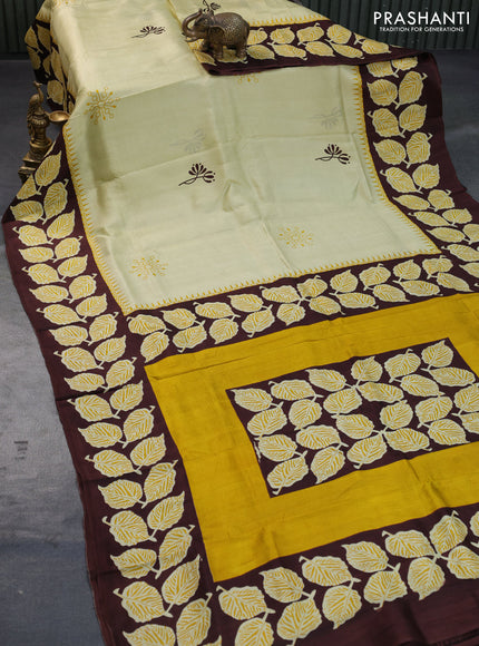 Bishnupuri silk saree elaichi green shade and coffee brown with butta prints and printed border