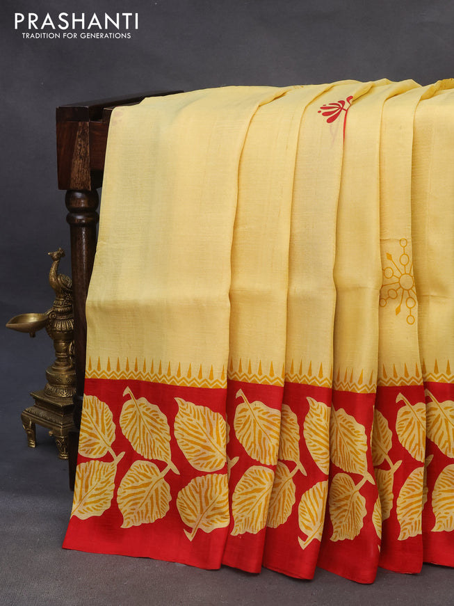 Bishnupuri silk saree pale yellow and red with butta prints and printed border