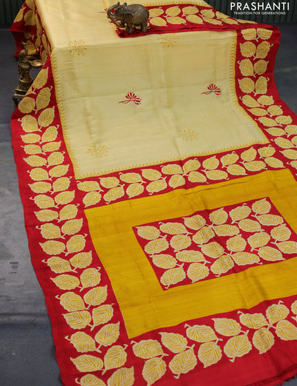 Bishnupuri silk saree pale yellow and red with butta prints and printed border