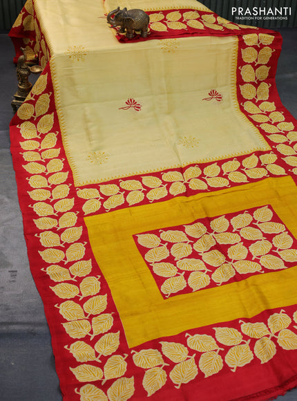 Bishnupuri silk saree pale yellow and red with butta prints and printed border