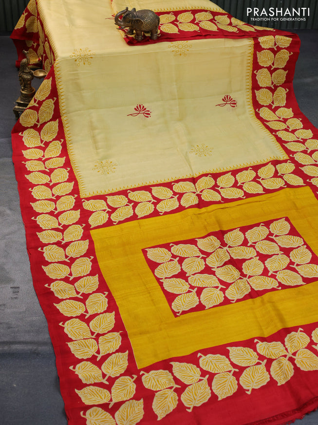 Bishnupuri silk saree pale yellow and red with butta prints and printed border